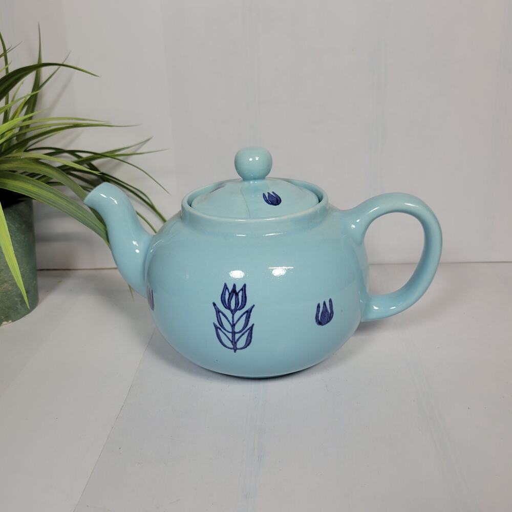 MCM Retro Cronin Cameron Pottery Blue Tulip Teapot Lid Vintage 3-Cup Cottagecore